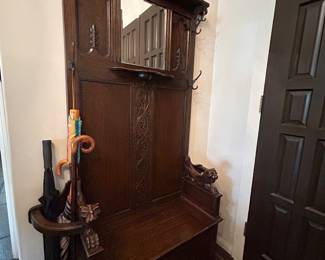 Antique Hall Tree, Coat & Hat Rack, Umbrella Stand  with Bench Storage