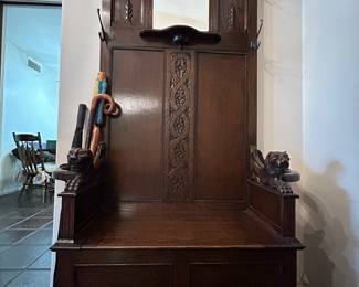 Antique Hall Tree, Coat & Hat Rack, Umbrella Stand  with Bench Storage