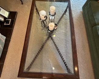 Large Glass and Wood Coffee Table with Barley Twist Details
