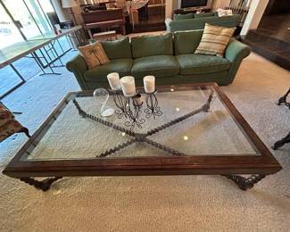 Large Glass and Wood Coffee Table with Barley Twist Details