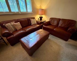 Brown Leather Couch, Loveseat and Ottoman