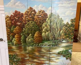 Three panel hand painted screen. Commissioned in 1995 and painted by the artist Charles Gulbrandsen.