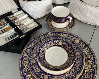 Have a Special Event Coming Up? Glam it up with this vintage Royal Worcester Sandringham Cobalt Blue and Gold Serving Set: Dinner Plate, Salad Plates, Coffee Cups and More!