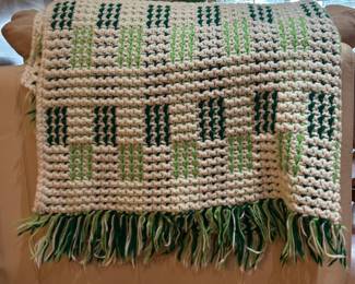 Handmade White and Green Crochet Blanket