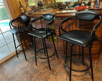 3 Black Metal and Leather Swivel Bar Chairs 