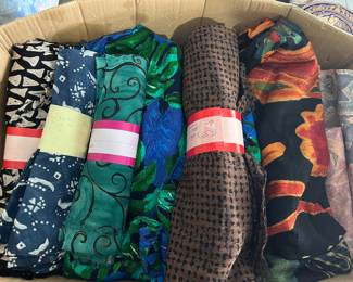Dozens of Containers filled with Fabric and Sewing Supplies: Vintage Patterned Silk Fabric