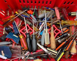 Containers filled with Power Tools and Hand Tools: Screw Drivers, Phillips and Flat