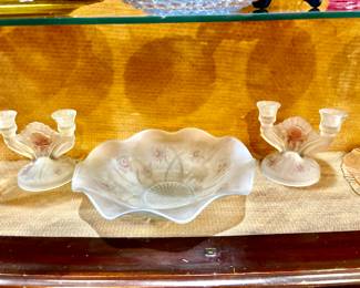 Vintage depression glass ruffle bowl and candlesticks