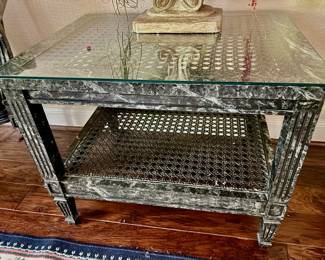 Painted wood and wicker side table