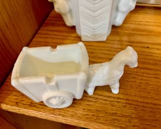 Vintage milk glass donkey pulling cart ashtray
