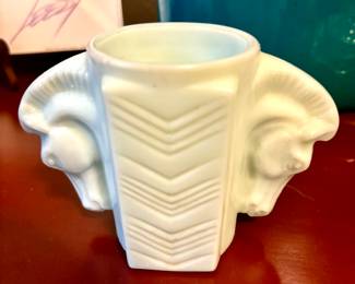 Antique Art Deco milk glass cup with horse head handles