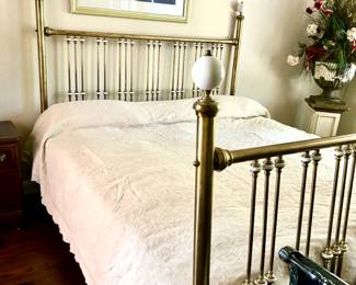 Vintage brass king head and foot board with porcelain finials