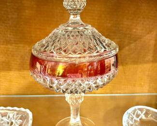 Indiana crystal Ruby trim compote with lid