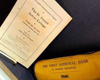 Much collectible St. Joseph items. "The First National Bank" and "St. Joseph Junior College"