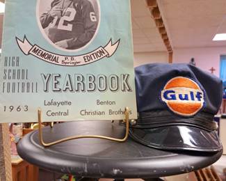 1963 "Memorial P. B. Springer Edition High School Football Yearbook" with all 4 high schools' info, players, pictures and schedules. Vintage "Gulf" gasoline service station cap