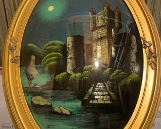 Old & Super Cool Gothic Castle Night Scene--Reverse Painting On Glass Painting w/ Mother of Pearl  Windows! Awesome!! Excellent Condition!!!