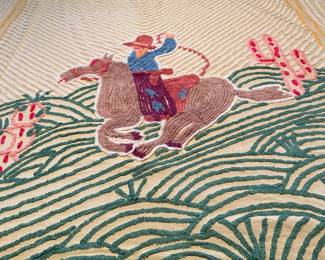 Double-Bed Size Bedspread w/Cowboy, Horse & Pink Cacti! Probable 1950's? Nice Condition!