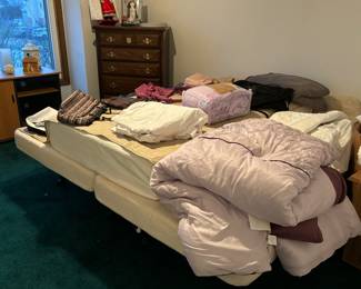 King adjustable independent bed frames with one mattress ($50), bedspread, sheets, linens 