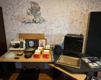 Desk (Free, completely free), record player, audio equipment, speakers, sewing machine