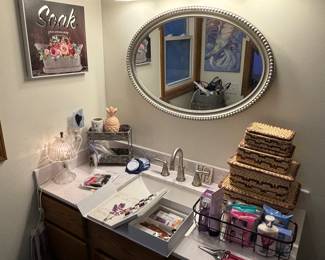 Mirror, art, baskets, essential oils, decor