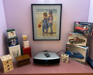 Bose radio, art, car models, crystal, jewelry boxes