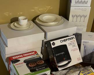George Foreman grill, Mixer, bed sheets, 8 place settings of fine china 