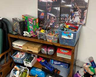 Legos, train, vintage toys, bookshelf 