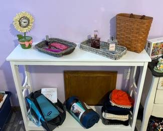 Cute accent table, perfume, Longaberger basket, weighted travel blanket, winter hats