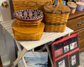 Longaberger baskets, art, folding table, picture frames