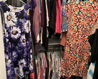 Closets of stylish women's clothing in a multitude of sizes 