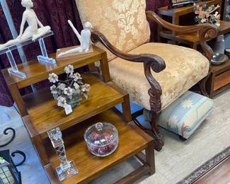 Pair of tiered tables  Antique arm chair 