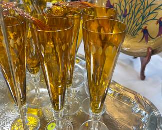 Lovely amber flutes. Large engraved silver plate tray.