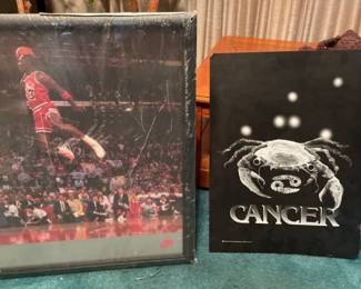 33 1/2" x 26" Framed Michael Jordan poster - wrapped in plastic, and astrological Cancer poster