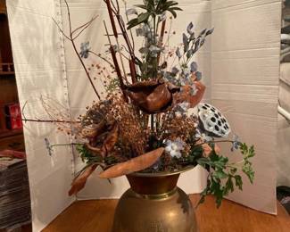 10" brass vase with faux flowers