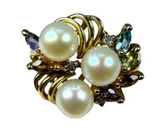 10kt Yellow Gold Pearl Multi Gemstone and Diamond Ring