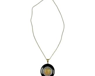 14kt Yellow Gold Onyx Necklace with 500 Lire Italian Republic Coin