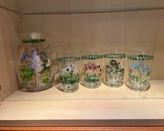 Hand-painted glassware and pitcher