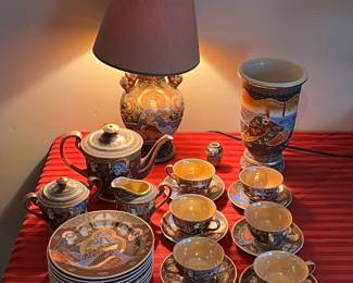 Japanese teaset, dessert plates, lamp, and vases