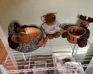 3 friends having a party! Crow basket, moose basket, stuffed rat