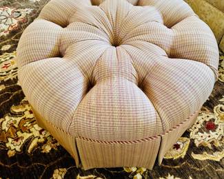 Custom tufted ottoman with pleated skirt and rope trim