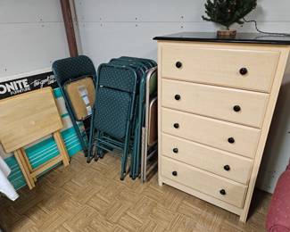 Dressers, folding chairs and tables
