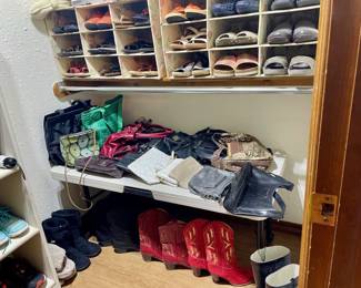 Lots of shoes, boots and purses with names like Coach, Hoka, Merrell, Ecco, Croc, Clarks, The Sak...