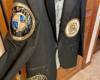 Unique Platinum designer jacket with sequined BMW, Mercedes Benz, Rolls Royce, Jaguar patches and pearl detailing.