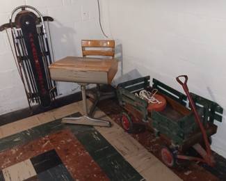 Child's School Desk, Wooden Wagon and Vintage Wooden Sled!