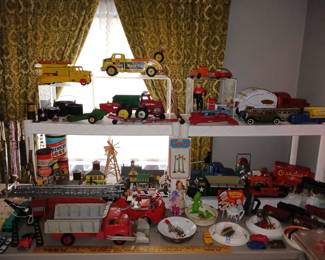 Collection of Beautiful 1950' Toys. Original Tonka Trucks Including: Garbage Truck, Coca Cola Truck with Accessories,  Motofix Tow Truck, 2 Dump Trucks, Large Firetruck and Overland Truck, 1930's Baby Plates, Lincoln Logs, Model Train Sets, Model Train Houses, Toy Tractors (Oliver and Tru Scale), Dale Earnhardt Jr. Figure and Trading Cards.