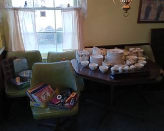 Octogan Table and 4 Vinyl Swiveling Chairs! Large Rose Pattern Dish Set!