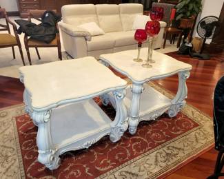 Pair of white ornate end tables