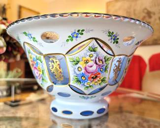 Vintage Bohemian Czech Glass White Cased Overlay Cut to Cobalt Blue, Hand Painted Centerpiece Bowl (is craked)