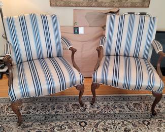 Pair of French Georgian/Victorian style armchairs with striped upholstery