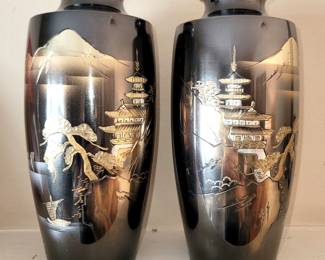 Vintage Japanese Engraved Mixed Metal Vases